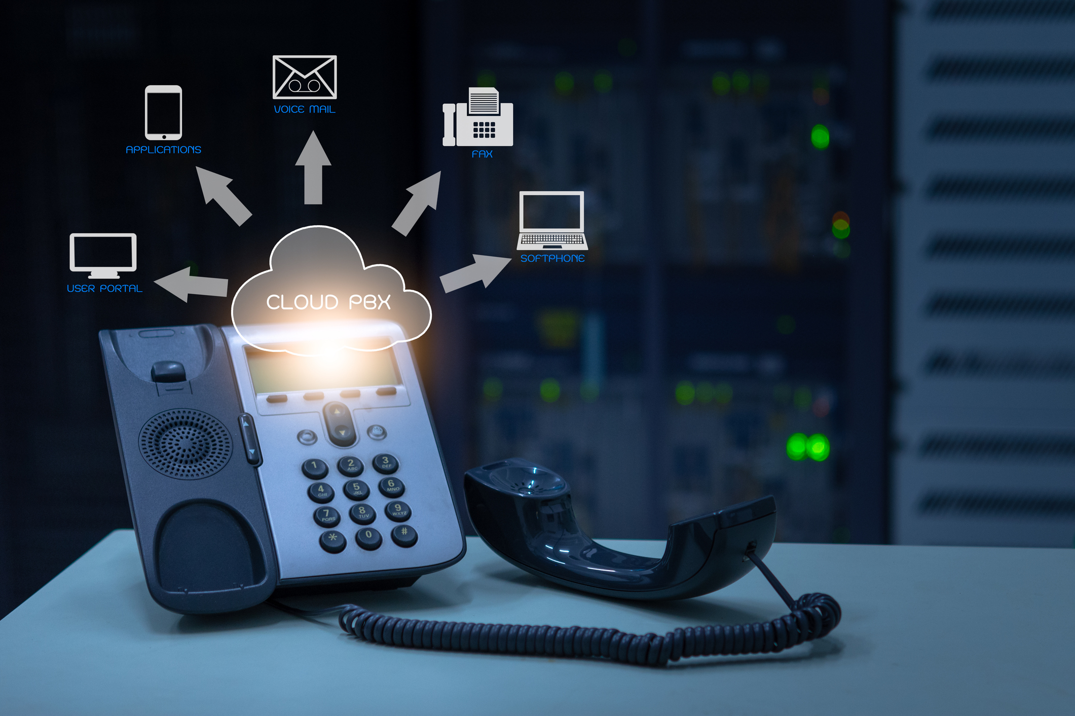 ip telephony cloud pbx concept, telephone device with illustration icon of voip services
